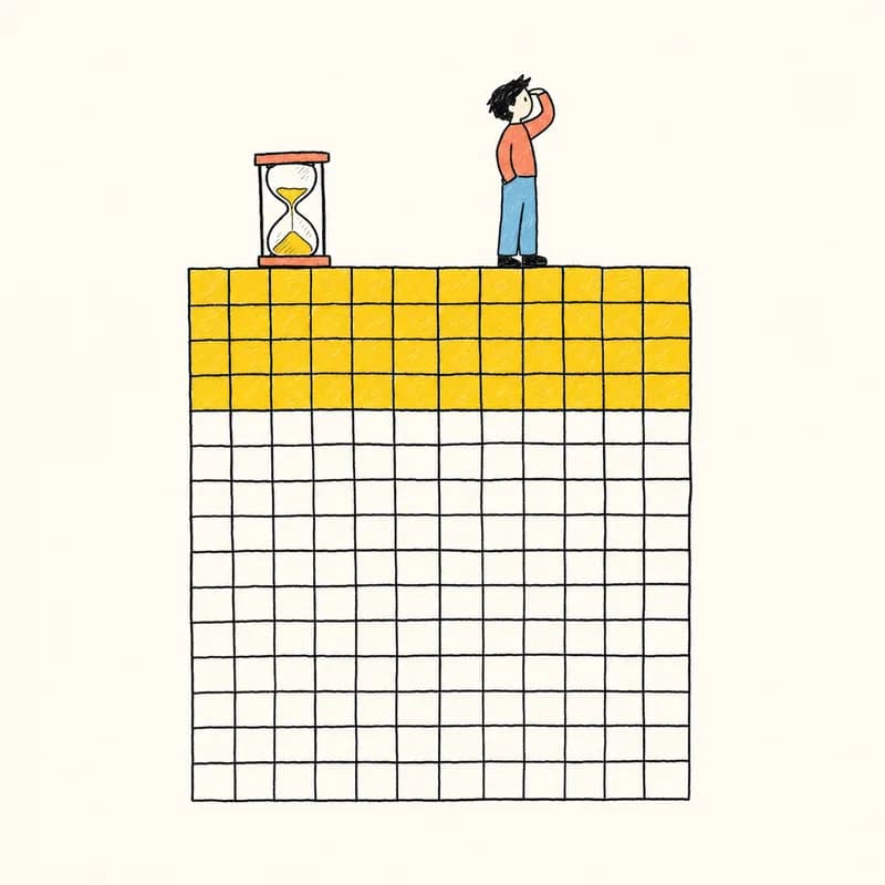 A grid of weeks with a small person standing on top